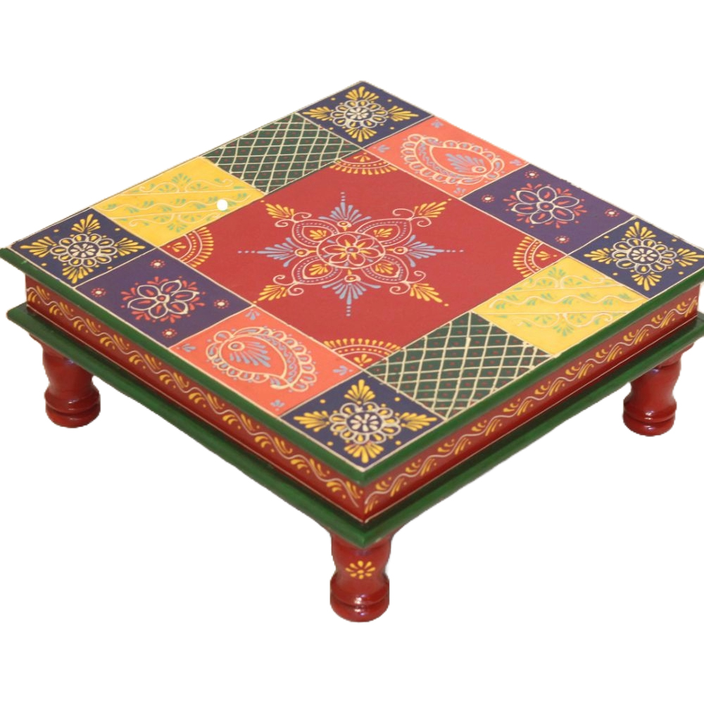 Colorful Painted Decorative Wooden Pooja Chowki Size 12X12